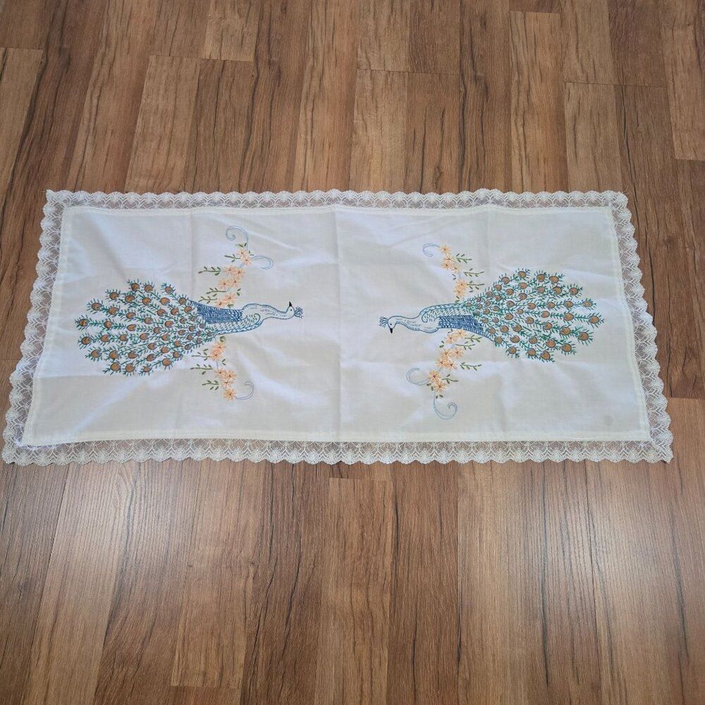 Vintage Embroidered Lace Table Runner Peacock Design